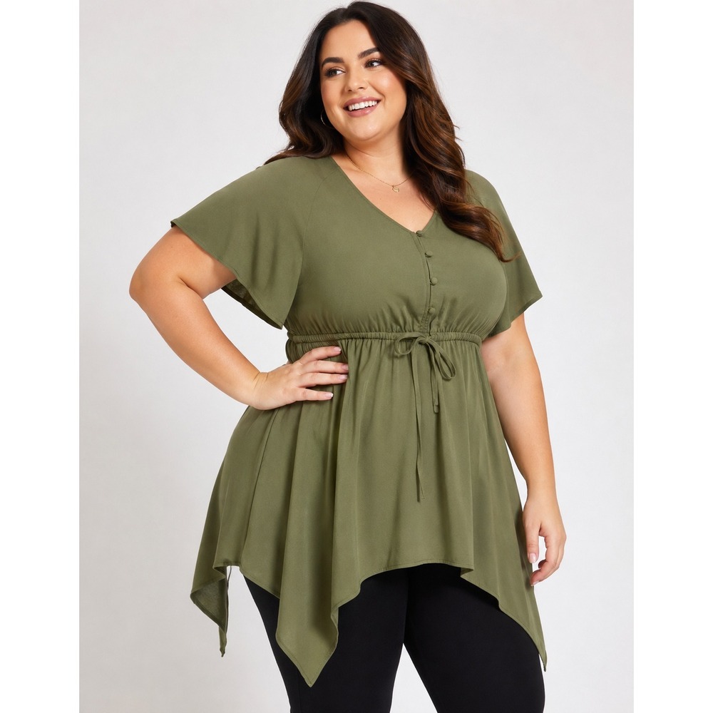 NWT Torrid Babydoll Challis Sharkbite Flutter Sleeve Top Green Plus Size 2 2X - Picture 1 of 16